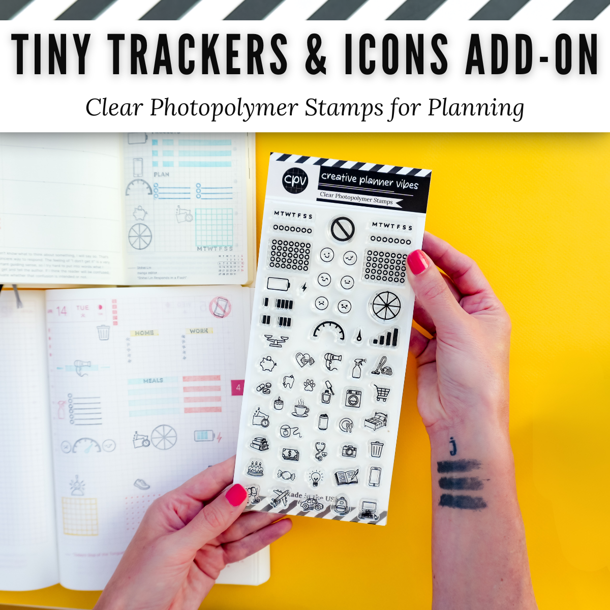 Tiny Trackers & Icons Add-on | Clear Photopolymer Stamps for Planning | 4" x 8" image 0