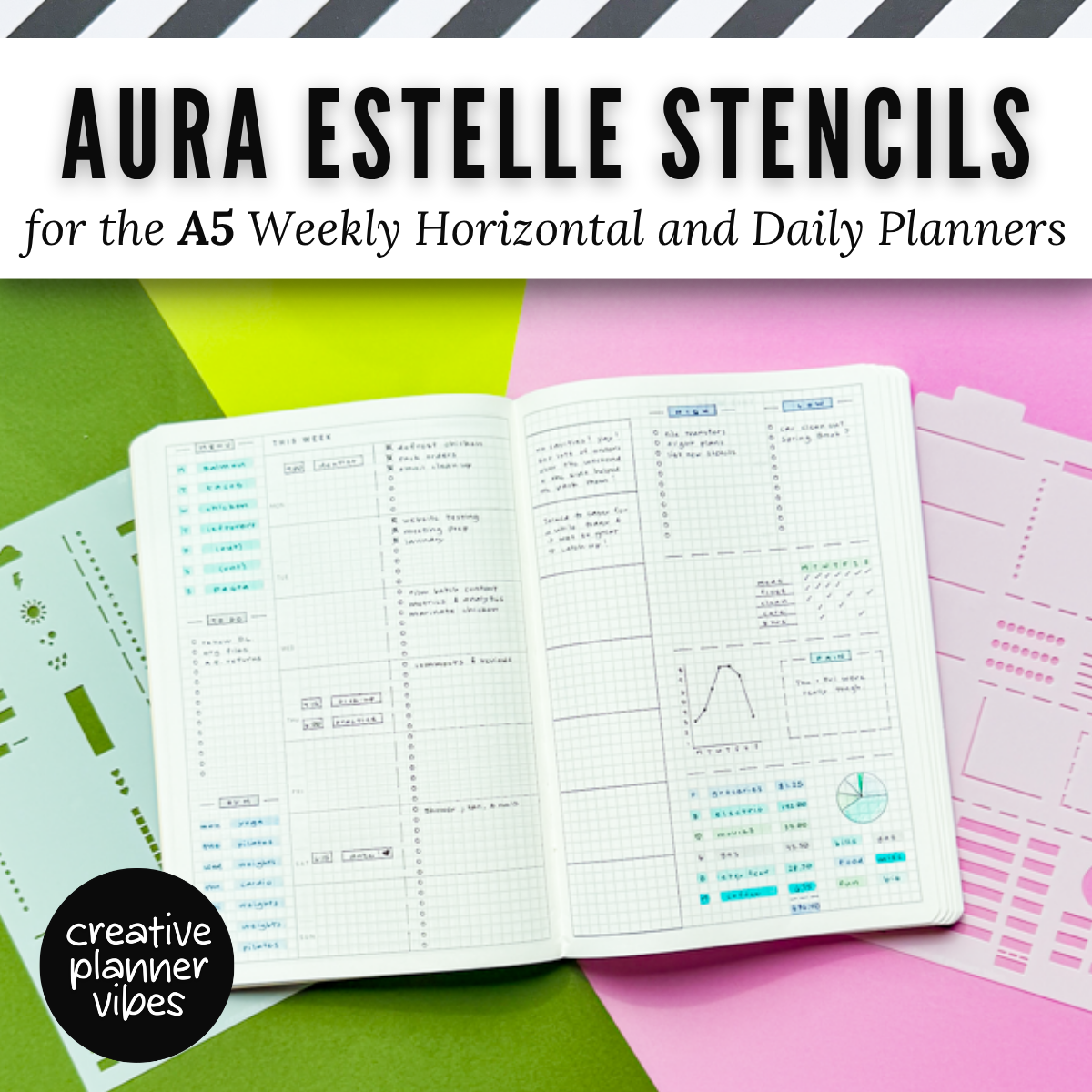 Aura Estelle A5 Horizontal Weekly and A5 Daily Full Page Template Stencils