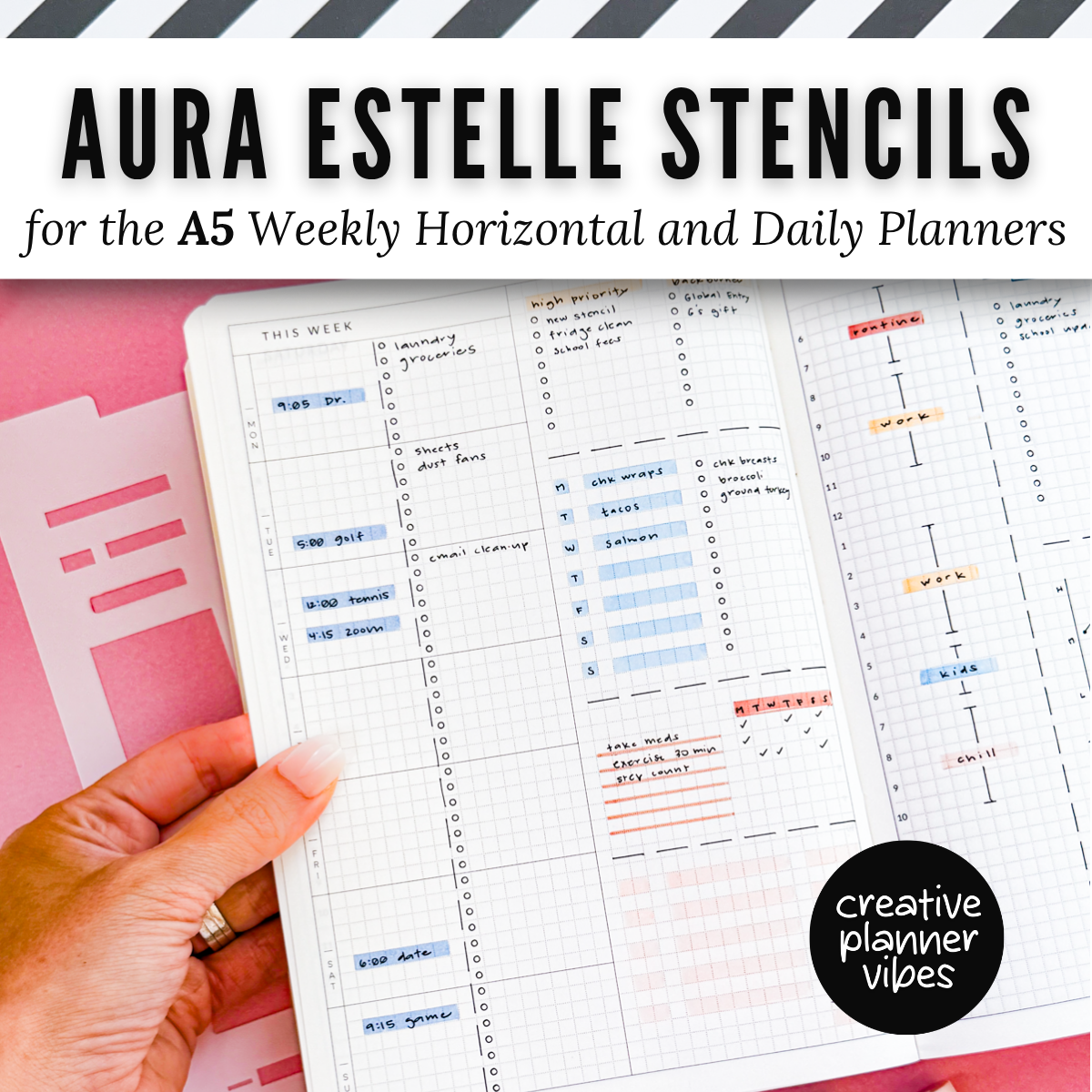 Aura Estelle A5 Horizontal Weekly and A5 Daily Full Page Template Stencils