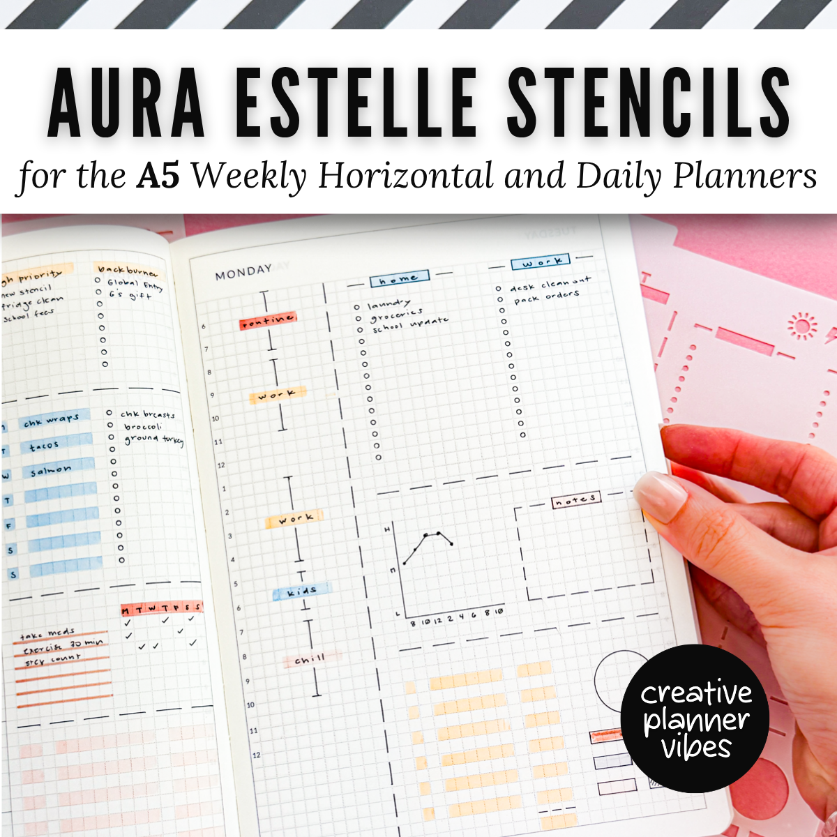 Aura Estelle A5 Horizontal Weekly and A5 Daily Full Page Template Stencils