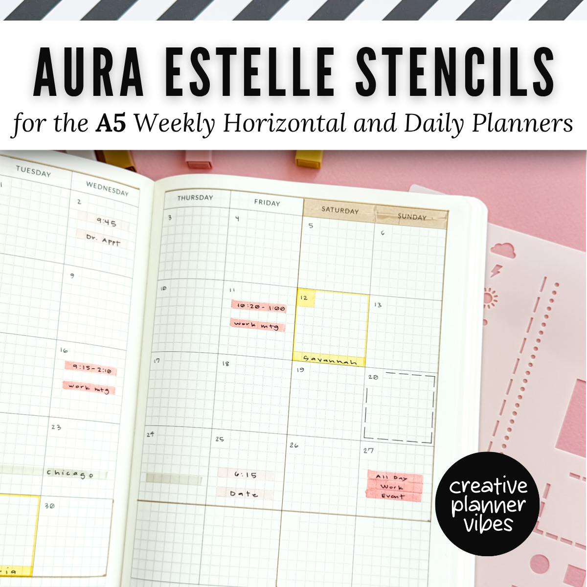 Aura Estelle A5 Horizontal Weekly and A5 Daily Full Page Template Stencils