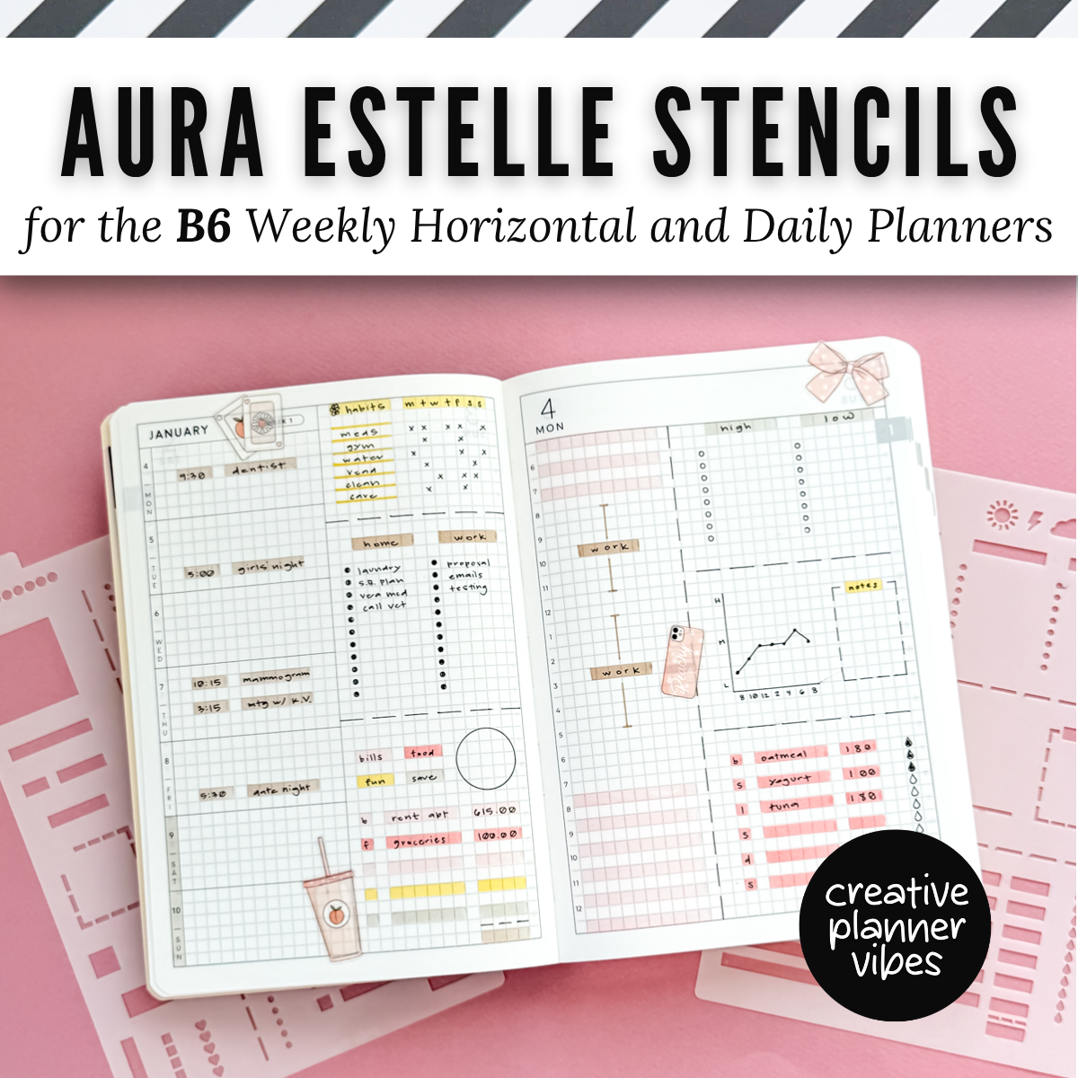Aura Estelle B6 Horizontal Weekly and B6 Daily Full Page Template Stencils